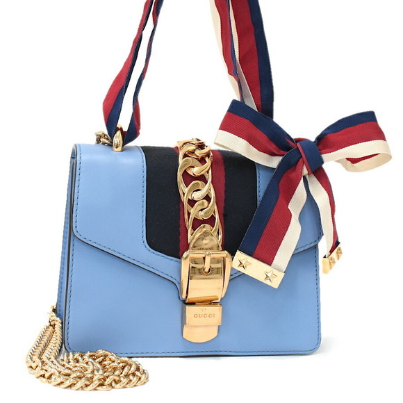 Gucci Leather Blue Sherry Bag Shoulder Chain Sylvie Ribbon - Picture 1 of 8